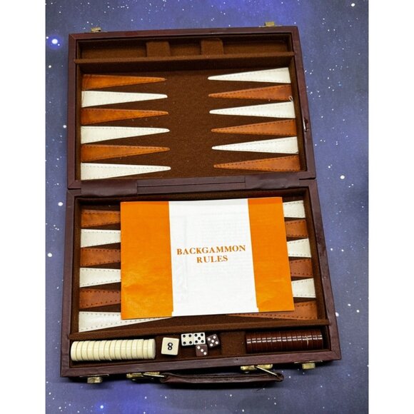 Vintage Backgammon Game Stripe Leatherette Set Briefcase Folding Travel Case - Picture 9 of 14